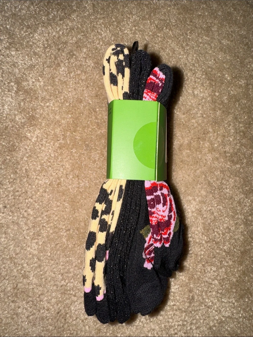 kate spade tan, black & pink leopard crew socks